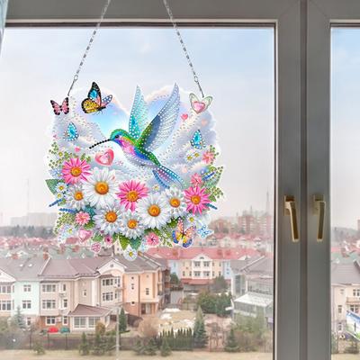 Acrylic Special Shape Sunset Flowers Birds Rhinestone Diamond Art Pendants DIY Diamond Art Pendant Kit for Garden Window Decor