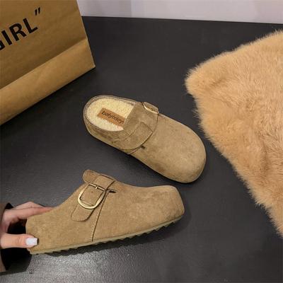 2025 Autumn and Winter New Matte Retro One-pedal Boken Slippers Women's Thick Bottom Heightening Velvet Lazy Bag Head Half Drag