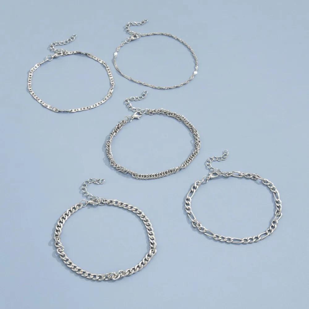 5Pcs/Set Bohemian Twisted Flat Chain Anklets for Women Summer Figaro Link Ankle Jewelry Gift Set