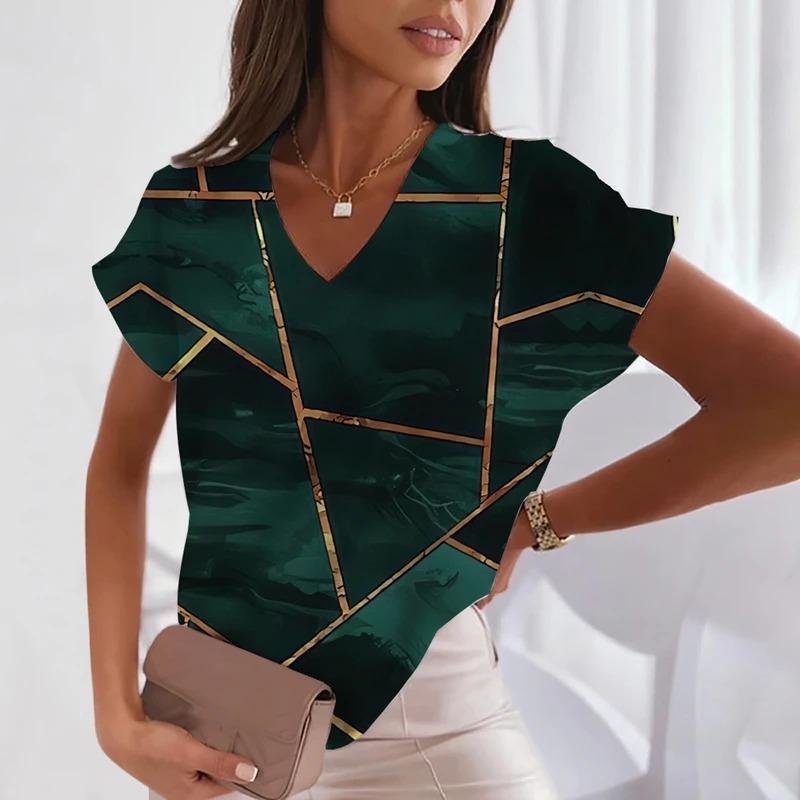 Summer Trend V-neck T-shirt Street Cool Trendy Women's Loose Fashion Personality Geometric Pattern Short-sleeved Top