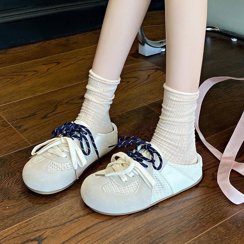 2025 Spring and Summer New Soft-soled Half-slippers Women's Mesh Breathable Bag Head Slippers Mandarin Duck Shoelaces Heel-free German Training Shoes