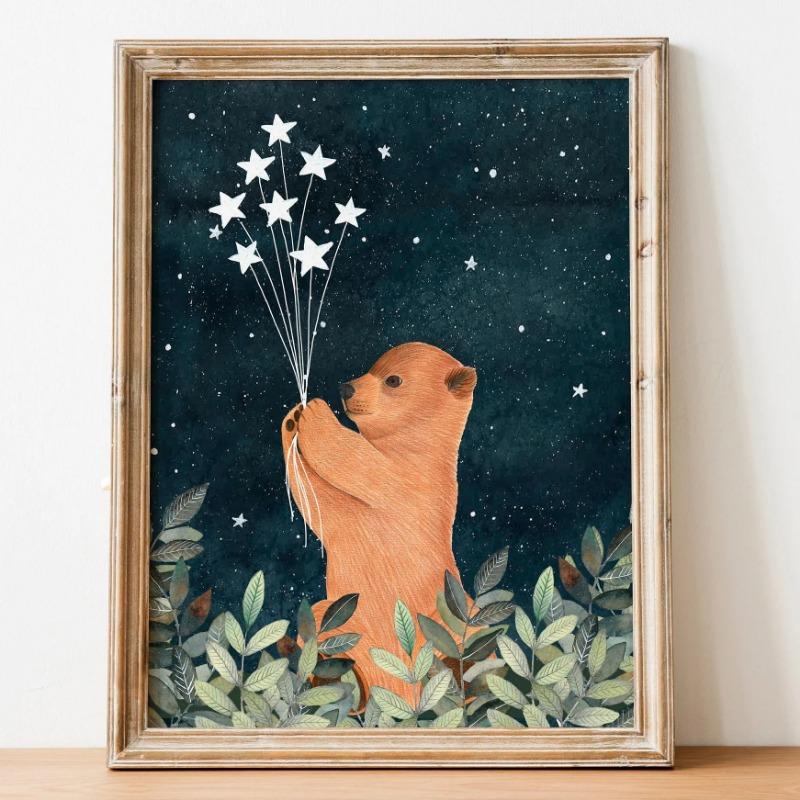 

Лесные животные Ночное небо Настенное искусство Постер Медведь и Луна Лиса Олень Спящая иллюстрация Холст Живопись Декор детской комнаты 21cm×30cm NoFrame