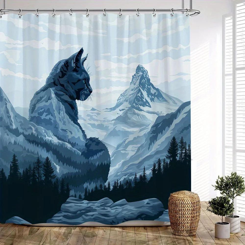 

1Pc Mystical Mountain Cat-Faced Rock Formation Bath Curtain - Cool Blue-Gray Fantasy Art With Misty Peaks & Dark Evergreen Fores W60H190(CM)-1 Pcs