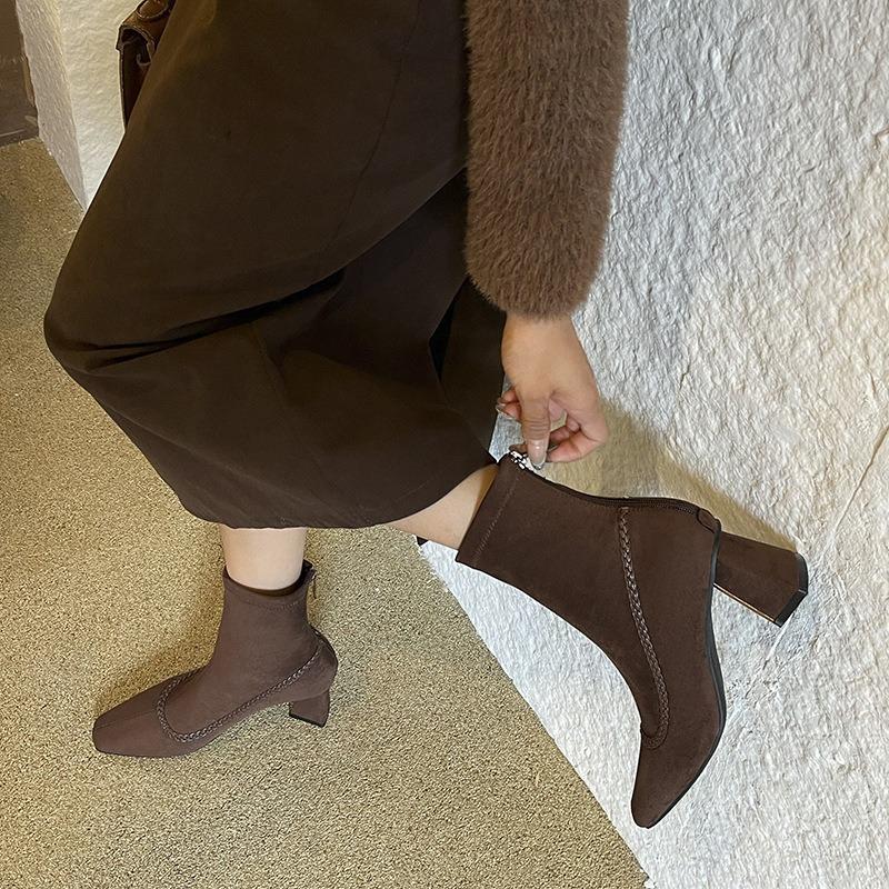 Sewing line rear zipper temperament square head cashmere high heel short boots women's autumn and winter thick heel thin boots