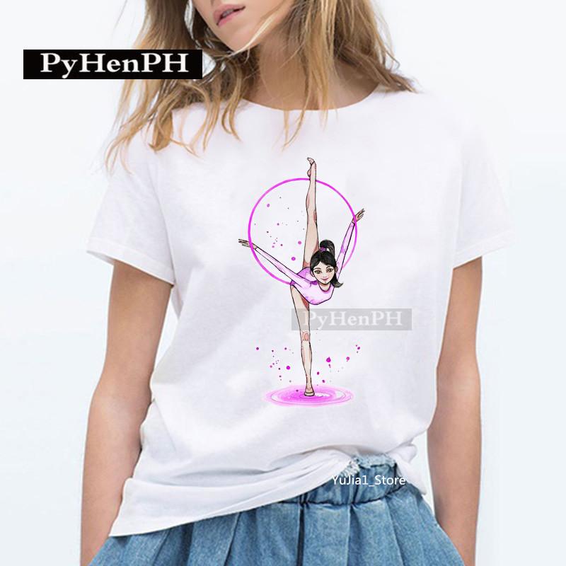 Elegant Ballet Print Short Sleeve T-shirt Women's Slim Fit Summer Top Modal Fabric Student Girl Fashion Polyester