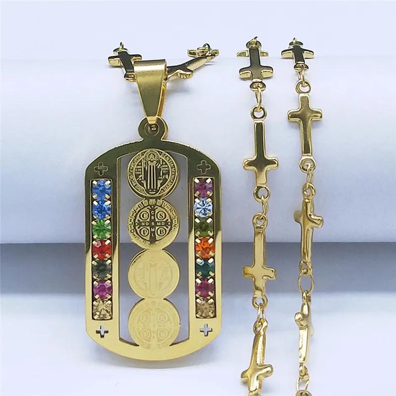 Stainless Steel Crystal Catholicism Saint Benedict Jesus Necklaces Women/Men Cross Chain Necklace Jewelry cruz colgante N4909S02