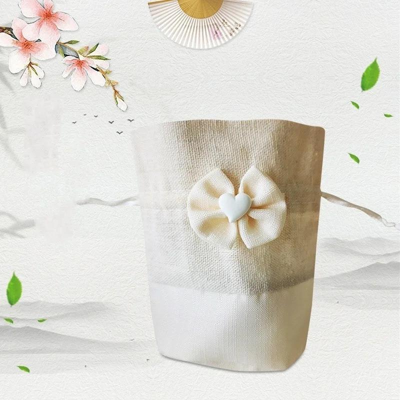 10pcs Christmas Gift Bag Round Bottom Bundle Pocket Polyester Drawstring Candy Bag Handmade Canvas Bag