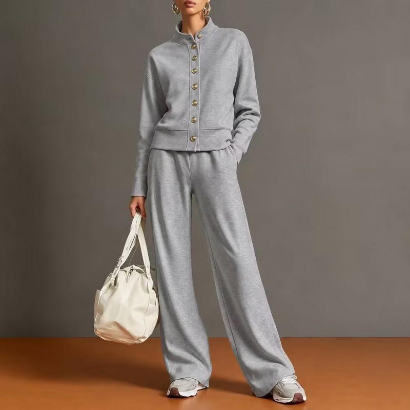 2026 Womens Solid Color Stand Collar Hoodie Wide Leg Pants Set Casual Comfort Outfit Winter