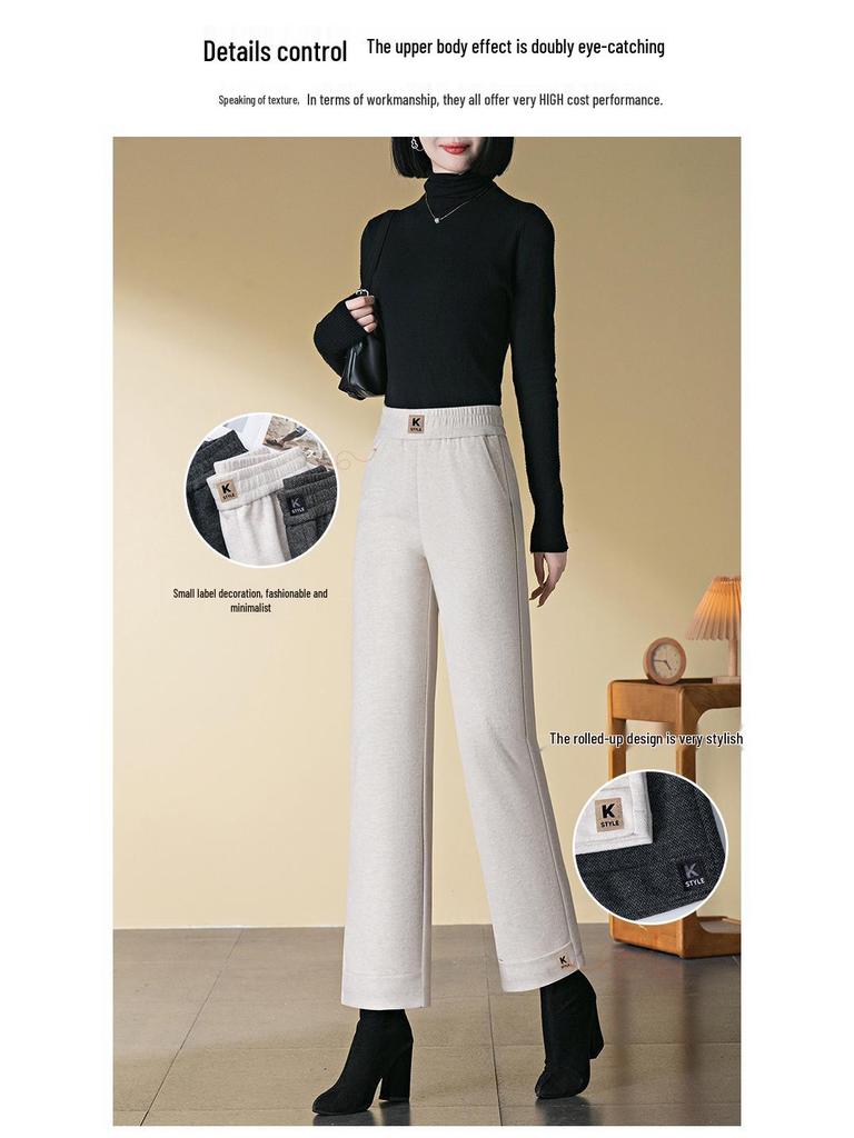 Damskie spodnie z wysokim stanem, z mieszanki wełny, z prostymi nogawkami, pogrubione, petite, długość 9/10 na jesień/zimę 2024