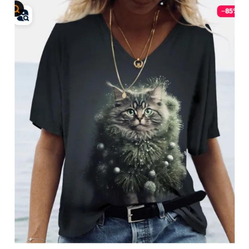 Sommer Damen V-Ausschnitt T-Shirt Niedliche Katze Orangescheiben Aufdruck Lässig Locker Kurzarm Top