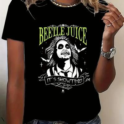 Tricou din bumbac cu gât rotund Beetle Juice Top pentru femei Negru Mărime Plus Tricou casual pentru fete Imprimeu Model pentru femei Top Unisex