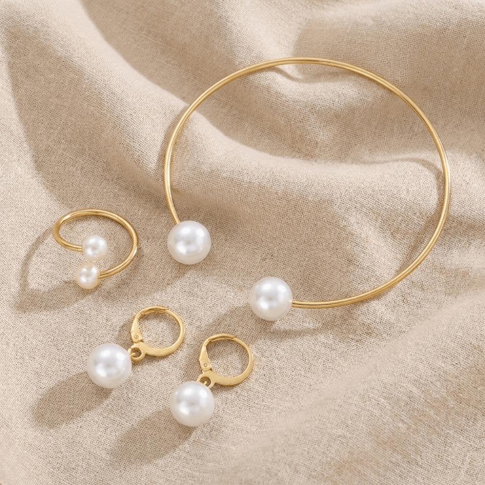 Simple Design Imitation Pearl Earrings Ring Bangle Elegant Gold Color Jewelry Jewelry Set Party