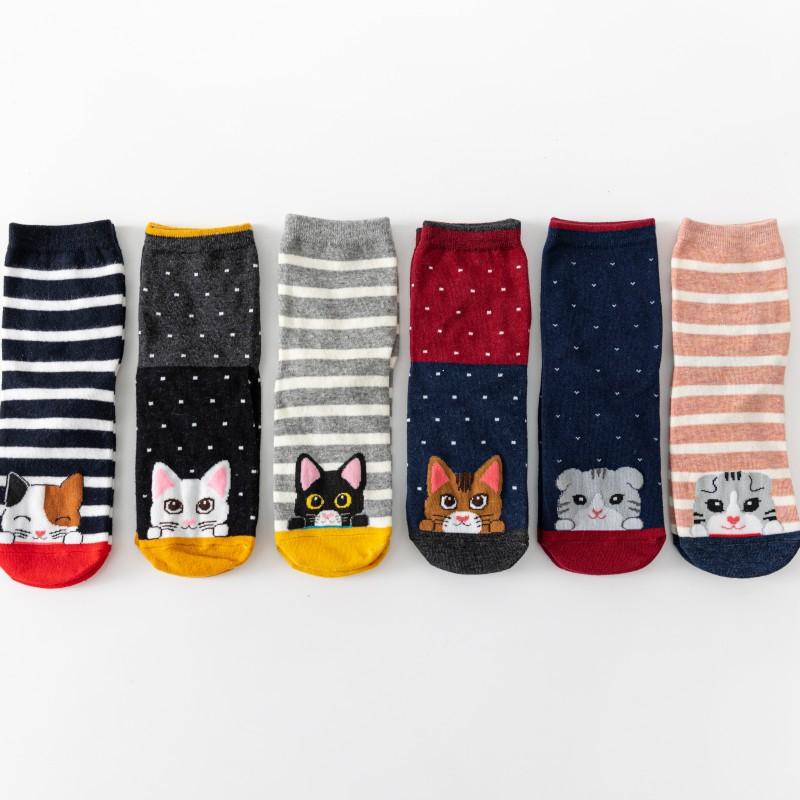 Cat Pattern Women Round Neck Cotton Socks Cute Fun Cartoon Printed Comfortable Sweat Absorbing Breathable Casual Socks