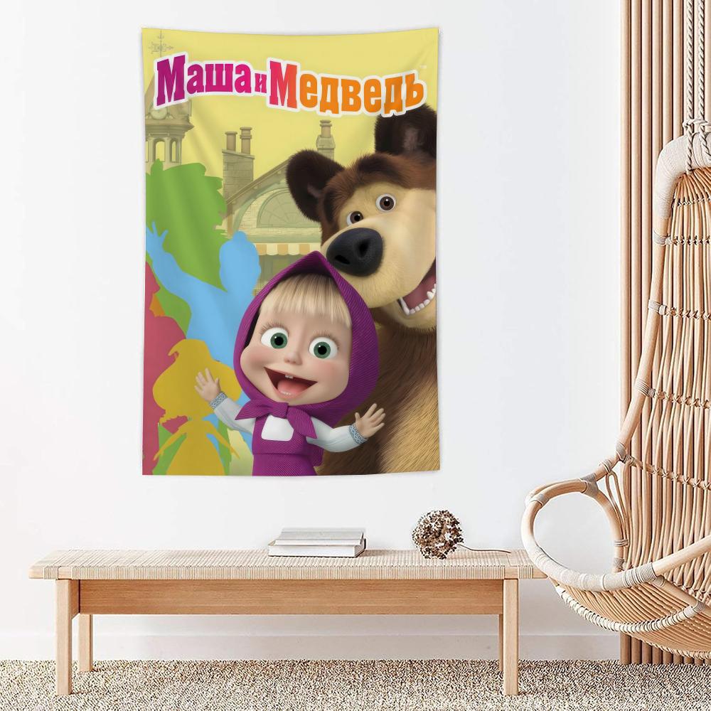 Cartoon MMasha And The Bear Tapestry Microfiber Wall Hanging For Bedroom Living Room Decor Outdoor Festival Bar Background