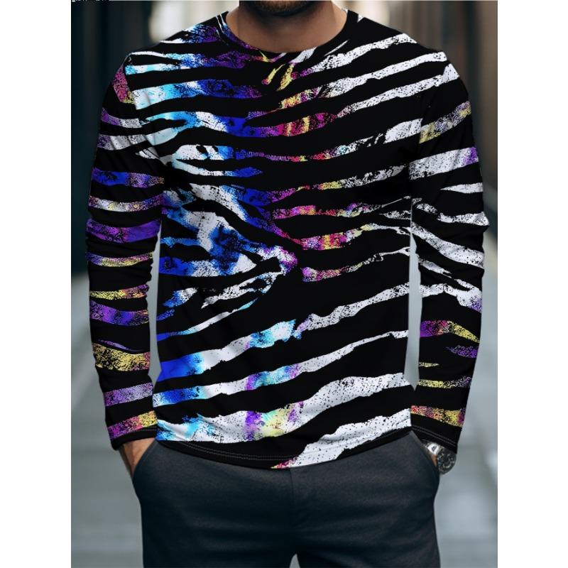 Men Long Sleeve T‑Shirt Colorful Zebra Stripe 3D Print Abstract Casual Streetwear Top