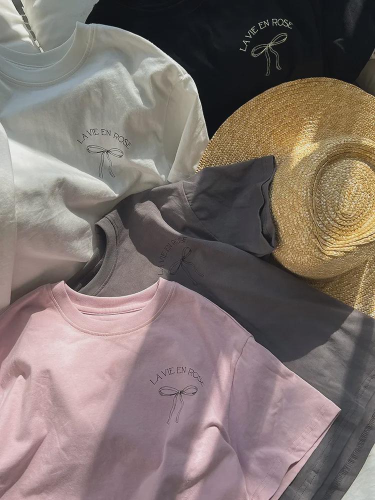 Lockeres T-Shirt-Kleid im koreanischen Stil für Mädchen mit Schleife auf der Rückseite – kurzärmlige Sommerkleidung, mittlere Größe