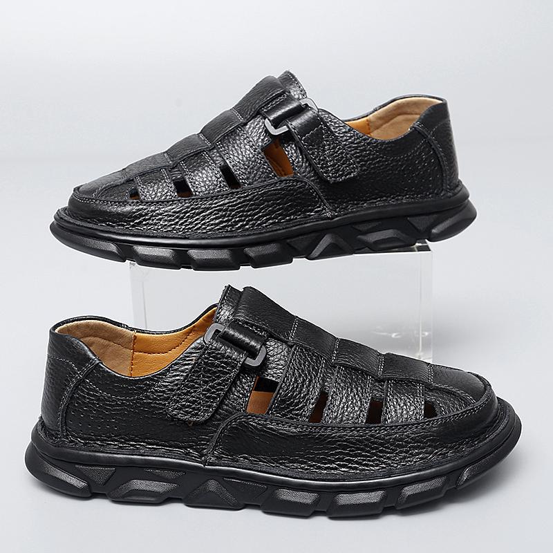 2024 Fashion Shoes Men's Summer New Retro Leather Non-slip Beach Slip-on Sandals Travel Flip-flops Slippers Black Brown