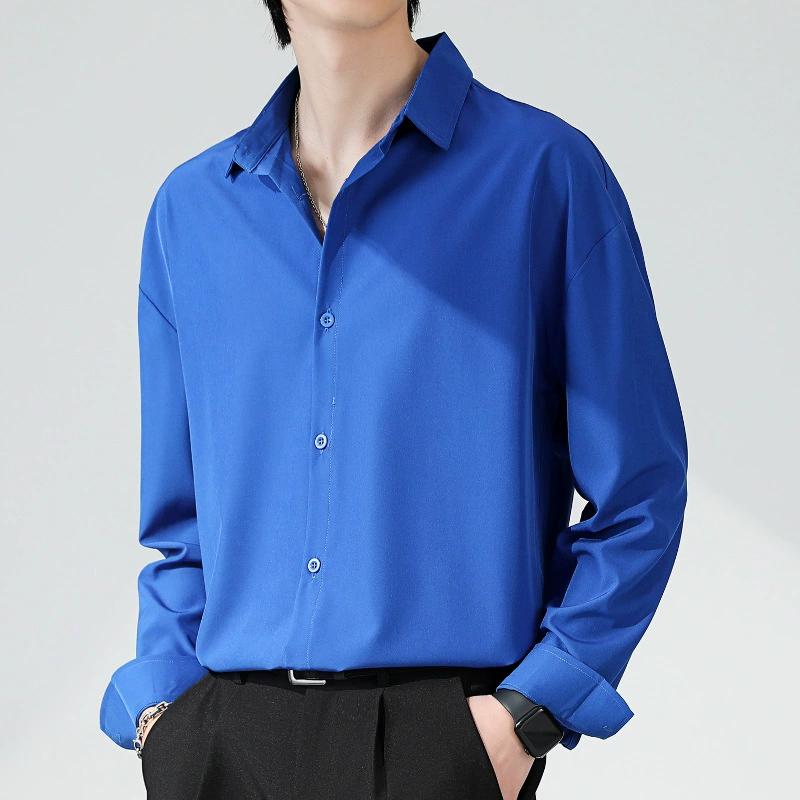 Men's Summer Solid Color Simple Ice Silk Long Sleeve Shirt Loose Draped Handsome Casual Tops