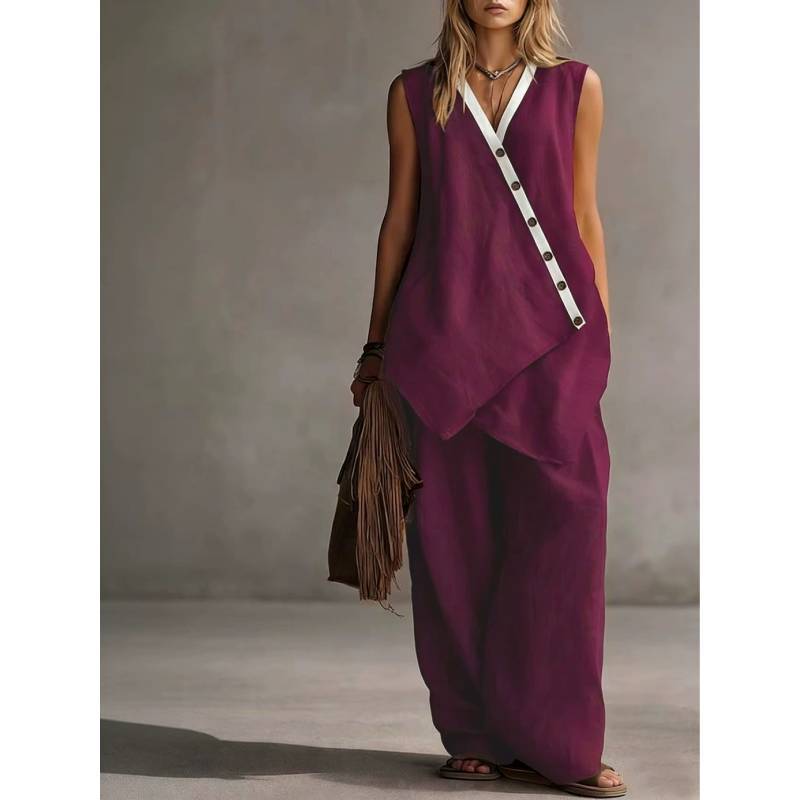 Bohemian Style Sleeveless Cotton Vest And Wideleg Pants Casual Set For Women Spring Summer