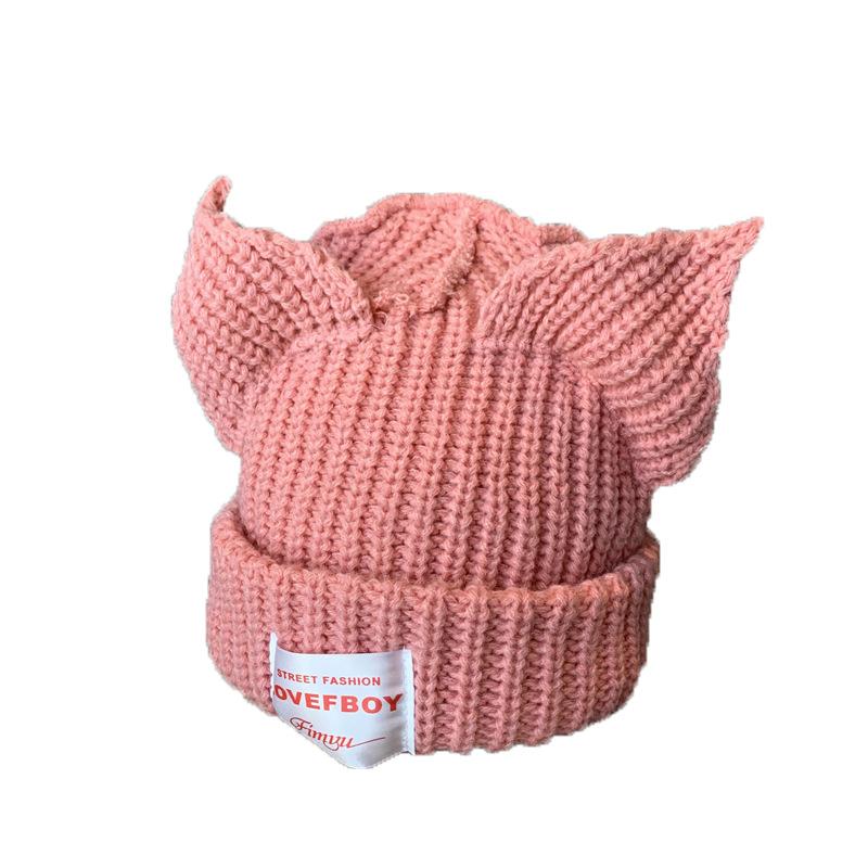 

Autumn and winter contrasting colors cute cat ears wool hat women s thickened warm versatile knitted hat ear protector stack hat One size розовый