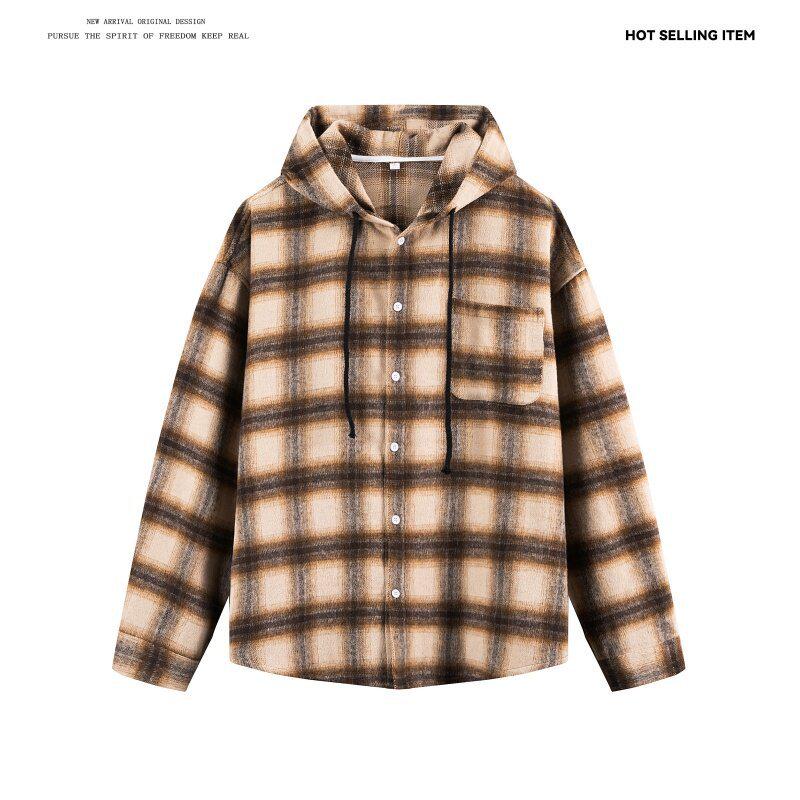 

Men s 2026 Cyberpunk Plaid Hoodie Shirt: Casual Loose Fit Versatile Jacket L кавовий