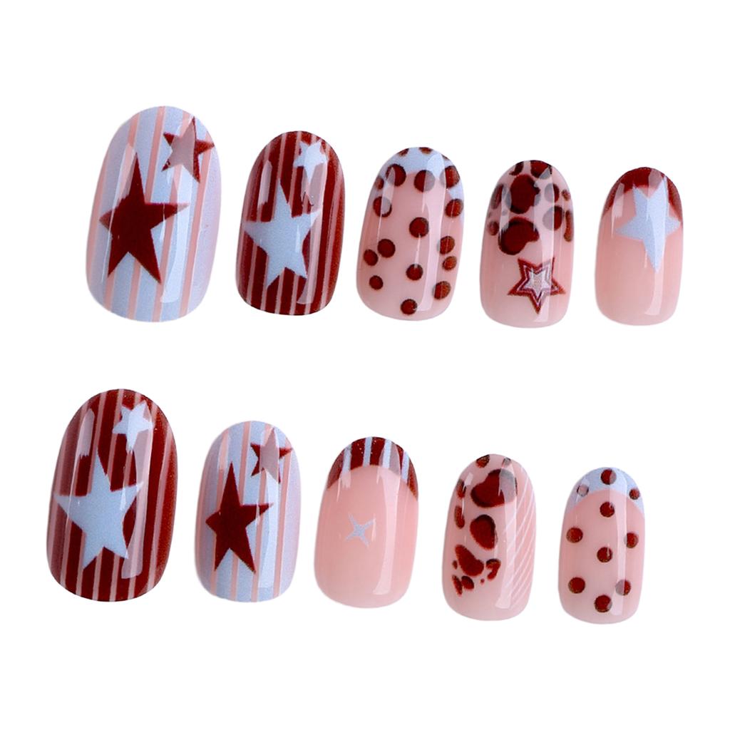24pcs French False Nails with Star Prints Design Retro Polka Dot Press On Nails for Women Daily Wear