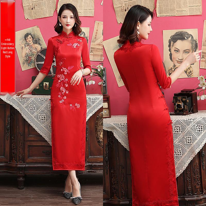 

2026 Spring Plus Size Stand-up Collar Slim-Fit Cheongsam: Mid-Sleeve Heavy Silk Embroidery 4XL