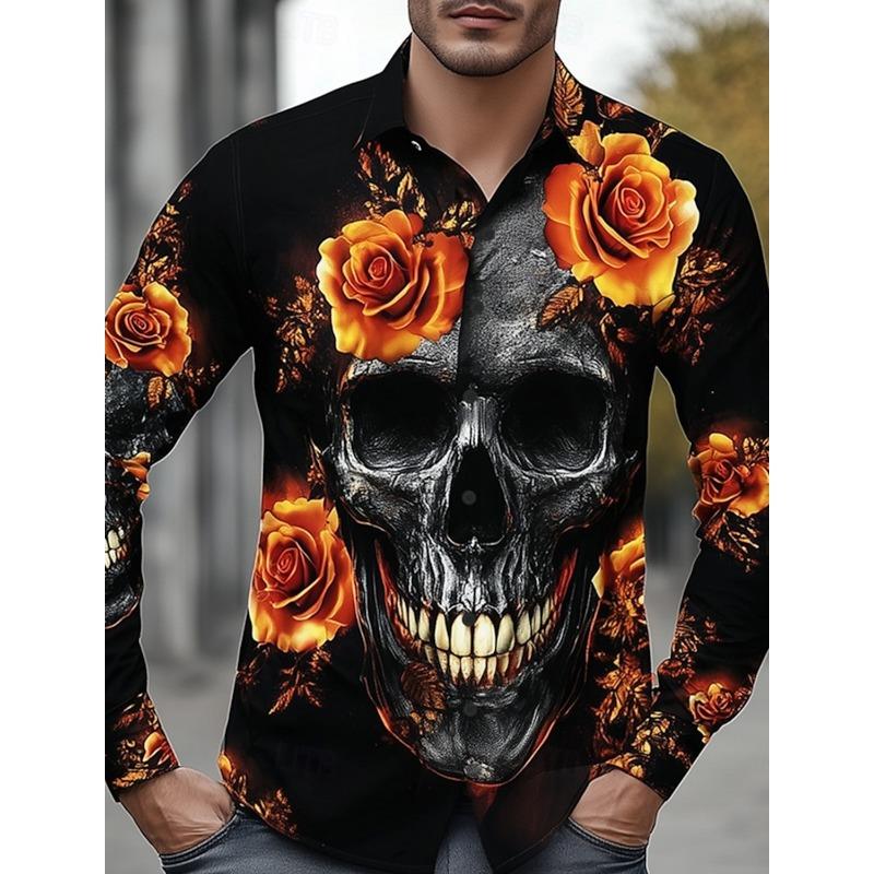 Halloween Thema Mannen Halloween Kostuums Schedels Shirt Knoopsluiting Shirt Casual Overhemd Lange Mouw Donkere Gotische Stijl Tops