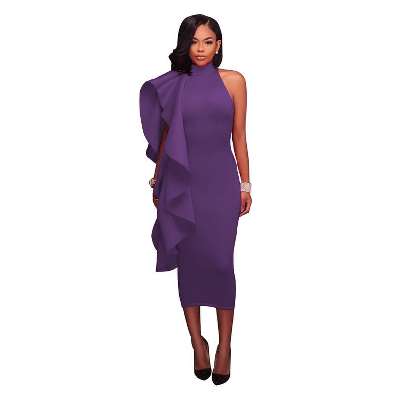 

2021 Summer Women39;s Solid Color Ruffle Ladies Dress Purple XL