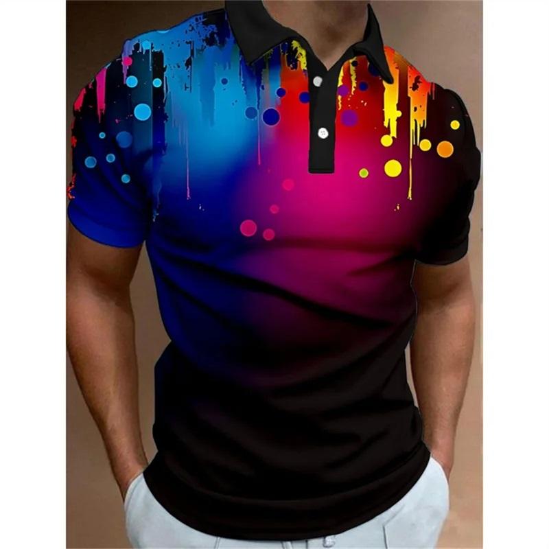 Full Print Fashion Polo Shirt For Men Summer Short Sleeve Button Collar Colorful Stripe Pattern Shirt New In Men's Tennis Tshirt