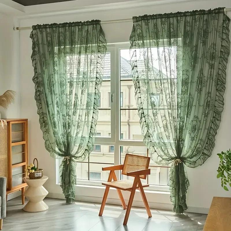 Francouzské pastorační krajkové průsvitné závěsy do obývacího pokoje, ložnice, na balkon a do arkýřového okna, polozatemňovací síťované závěsy s volánkovým lemem