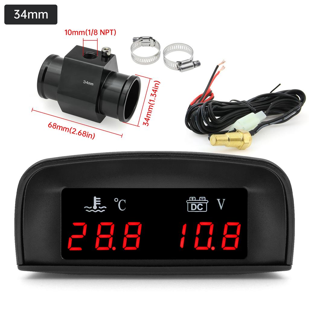 2 In 1 Car Water Temperature + Voltage Gauge LCD Display Digital Water Temp Gauge Voltmeter With 1/8 NPT Sensor Adapter 12V 24V