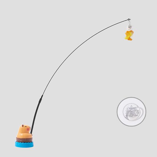 Interactive Cat Teaser Wand Cat Toy with Interchangeable Feathered Teaser Heads 360-Degree Rotating Capybara Base Flexible Cat Wand