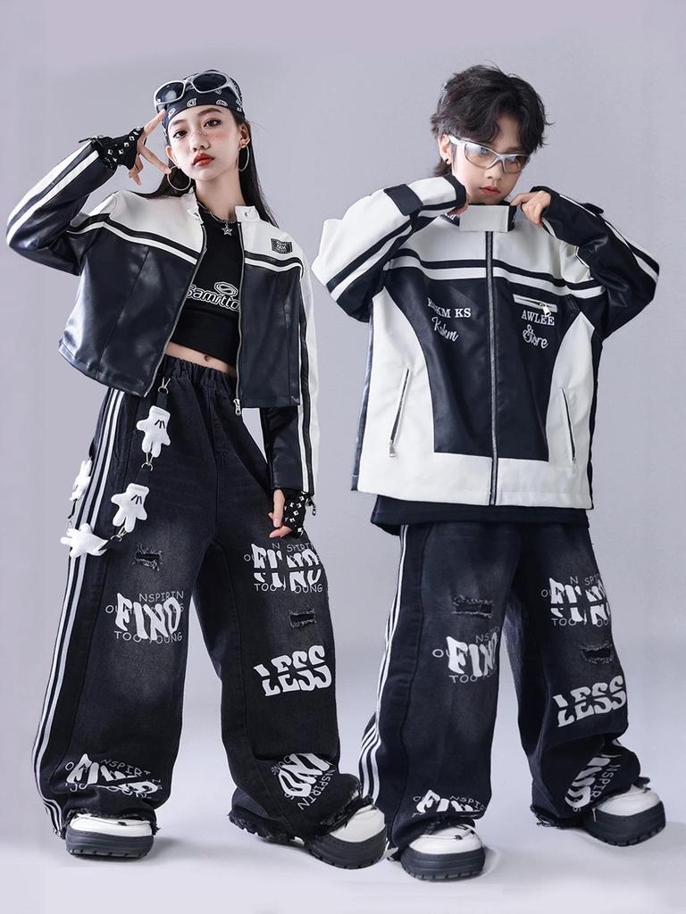 Neujahr Kinder Hip Hop Tanz Outfit - Amerikanische Trendige Lederjacke & Performance Set