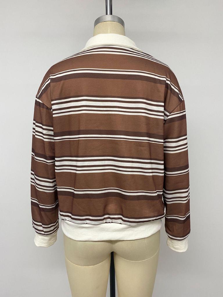 TEMU 2026 Autumn/Winter Women's Retro Striped Polo Collar Half-Zip Loose Hoodie