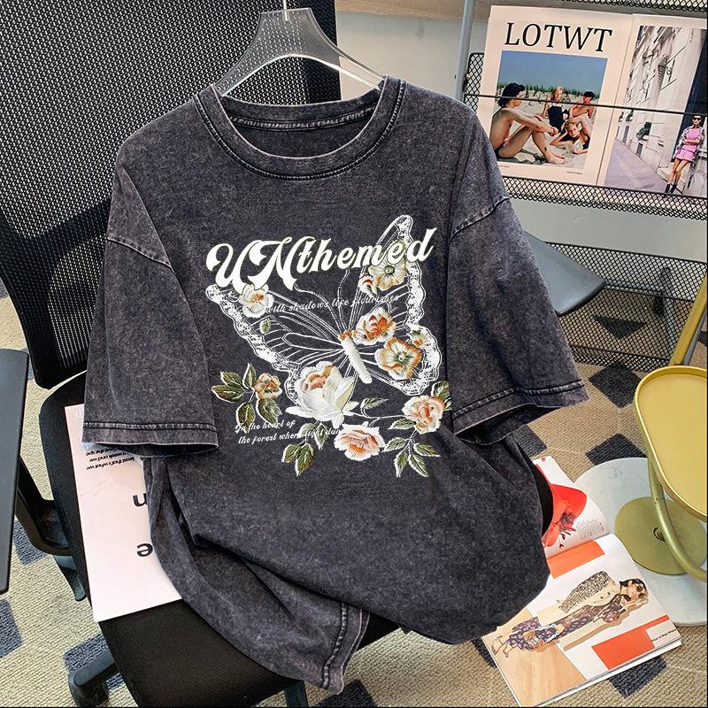 Plus Size Retro Hip Hop Print Washed Cotton Short Sleeve T-shirt for Women XL чёрный