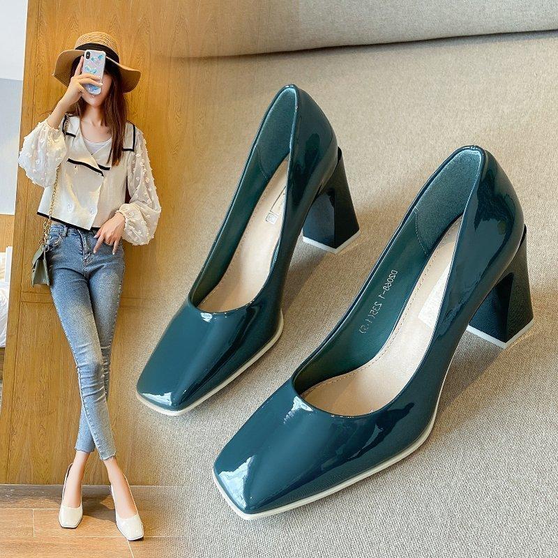 Square Toe Thick High-Heeled Shoes Women 2022 Spring And Autumn Newest Patent Leather High-Heeled Shoes Female Heel Height