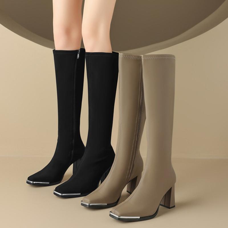 Winter Fashion Square Metal Toe Women Knee High Boots Street Style High Heel Mordern Long Botas Mujer