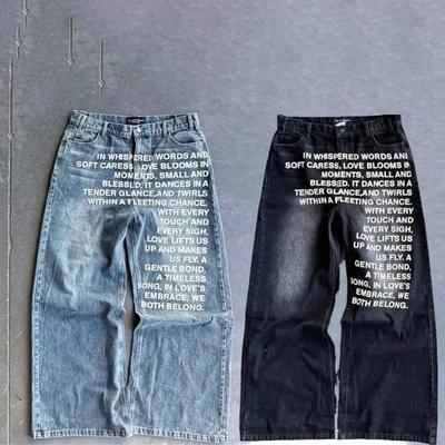LUXEONVintage Imprimeu cu Litere Femei Bărbat Blugi Y2k Harajuku Spălat cu Picioare Late Stil American Pantaloni din Denim Largi Hip Hop Streetwear