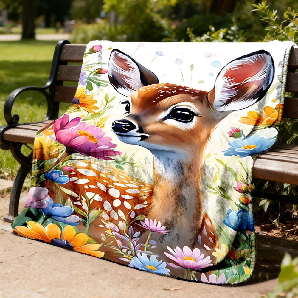 1pc Deer Floral Print Throw Blanket Polyester Fiber, Lightweight Flannel, Soft & Warm, All Season Use for Outdoor, Camping Digital Print