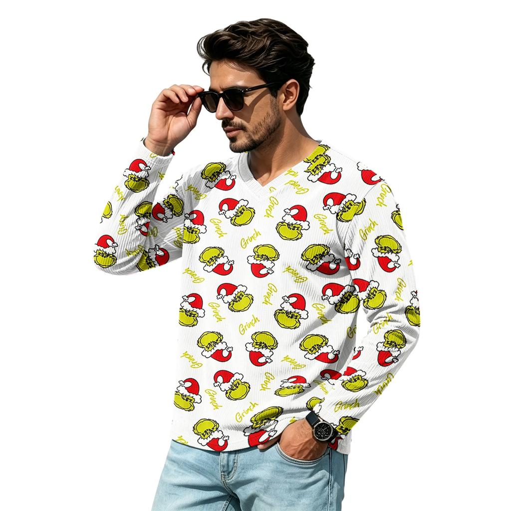 Men's Casual Christmas V-Neck T-Shirt Comfortable Loose Fit Street Printed Top