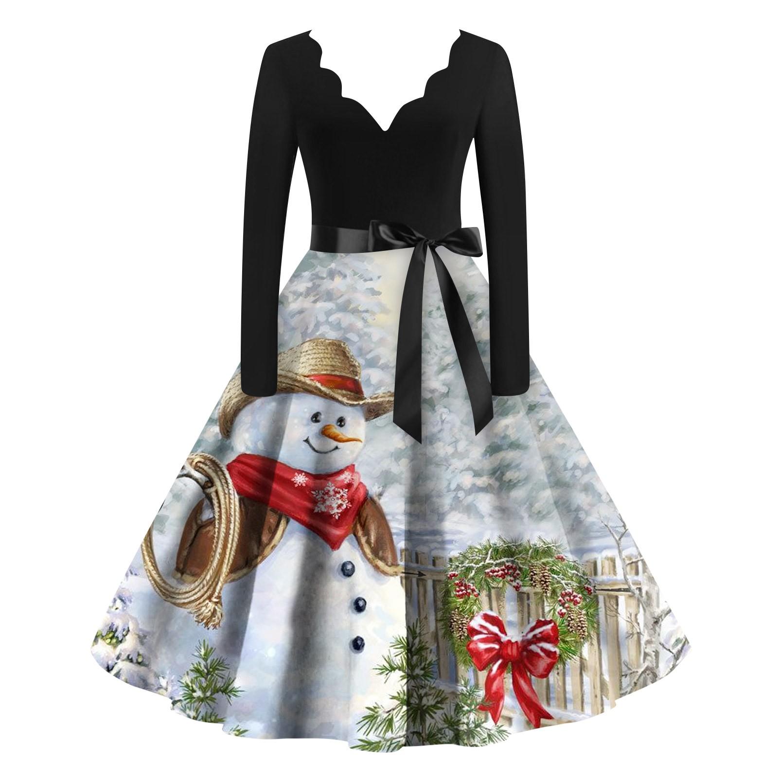 

Women s Christmas Casual Fashion V-Neck Long Sleeve Printed Vintage Dresses S білий