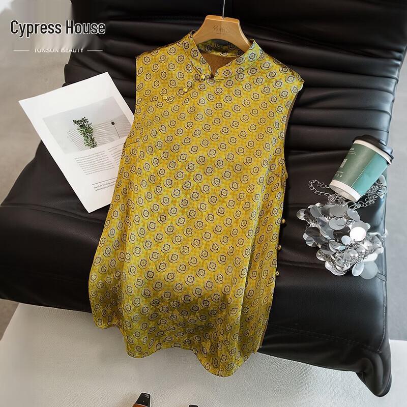 Women s Retro Jacquard Stand-Collar Sleeveless Top M