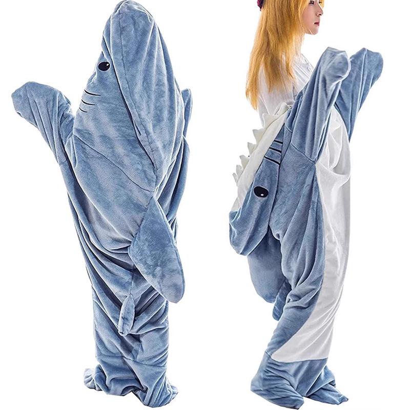Flanell Erwachsener Hai Kapuzen-Schlafsack Einteiler Pyjama - Cartoon Fisch Design