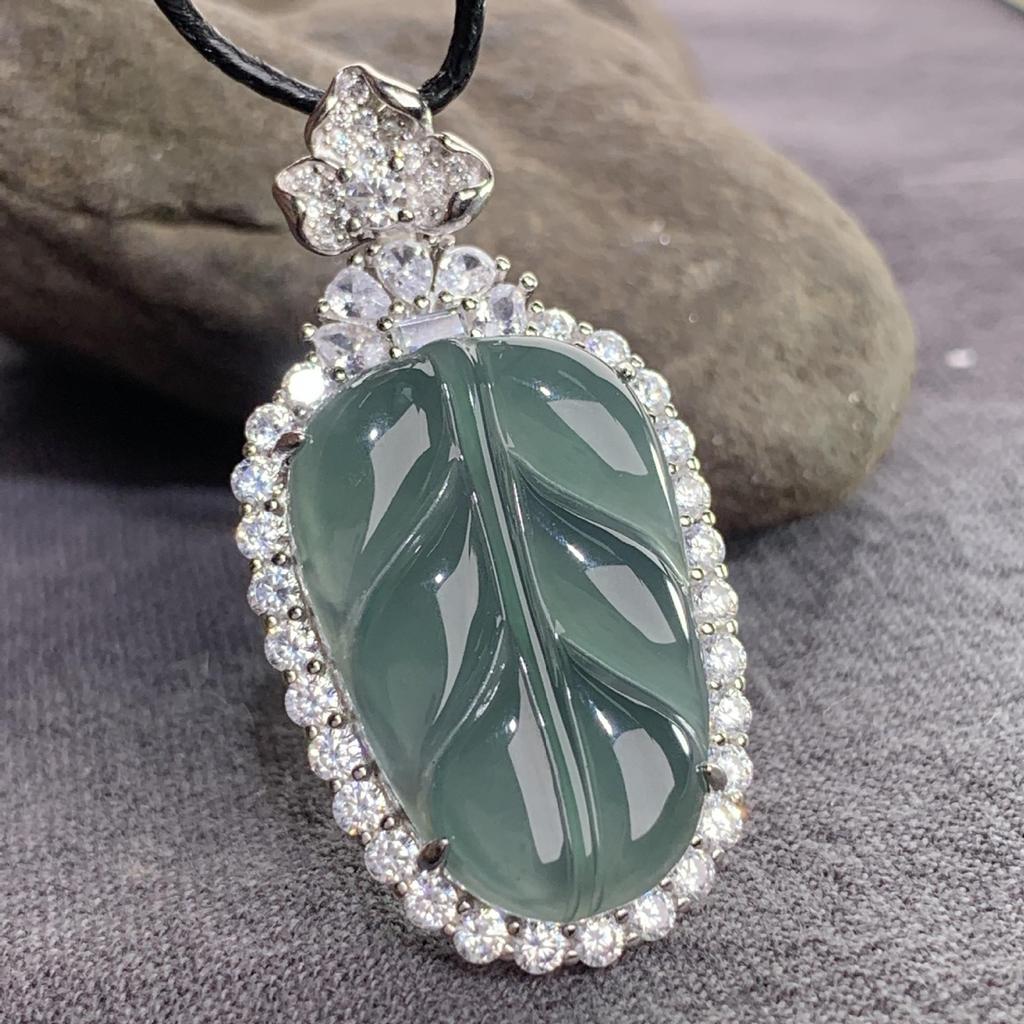 Natural A-Grade Ice Blue Jade Guanyin with 18K Gold-Inlaid 925 Silver and Pavé Rhinestones.