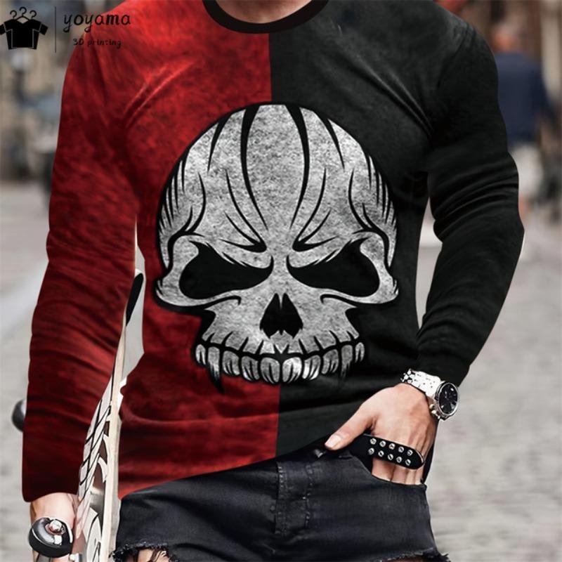 Fashion Skull Print Men's Clothing Casual T Shirt Men Vintage Print Skull Graphic T Shirts Street Loose Long Sleeve T-shirt Tops