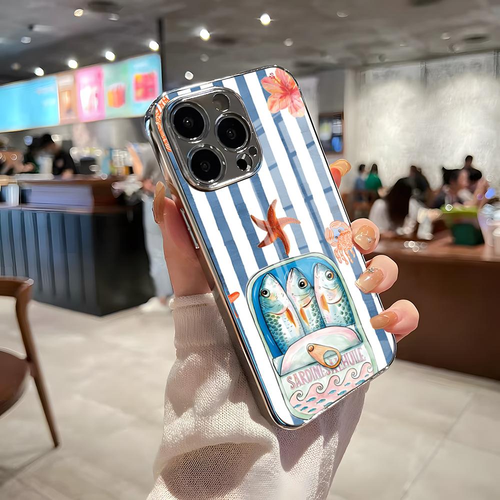 

Sardines Fish Art Phone Case For IPhone 17 Pro Max 15 Pro 16 14 Plus 12 13 Mini 11 Pro Shockproof Electroplated Glass Cover iPhone17