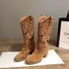 Fashion 2025 New Women's Mid-calf Boots Suede Leather Hollow Out Boots for Women Western Cowboy Boots Fashion Knight Booties Botas Mujer