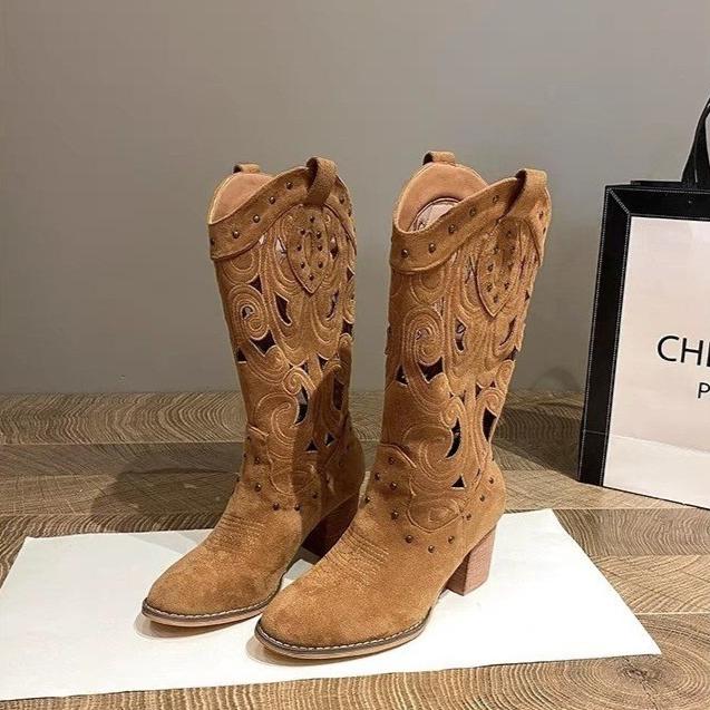 Fashion 2025 New Women's Mid-calf Boots Suede Leather Hollow Out Boots for Women Western Cowboy Boots Fashion Knight Booties Botas Mujer