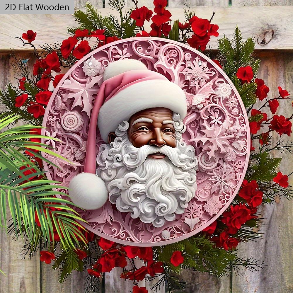 Pink Christmas Wooden Sign with Black Santa Claus Pattern - Navidad Round Sign for Door Wall Hanging Decor - Ideal Christmas Decoration